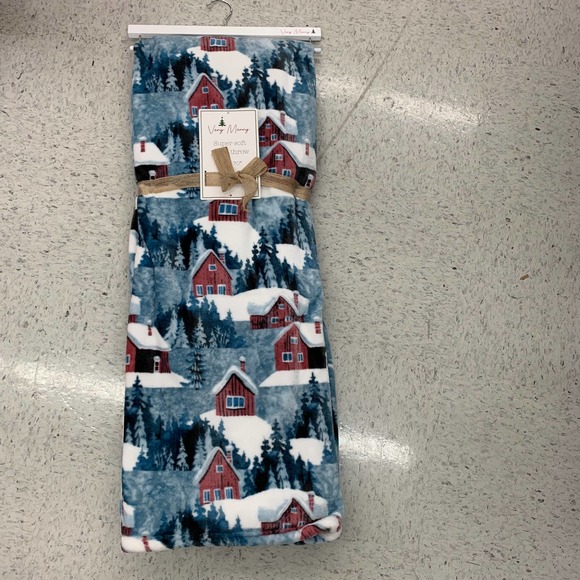Snow Red Christmas House Village Winter Trees Holiday Plush Throw Blanket Blue - Picture 3 of 8